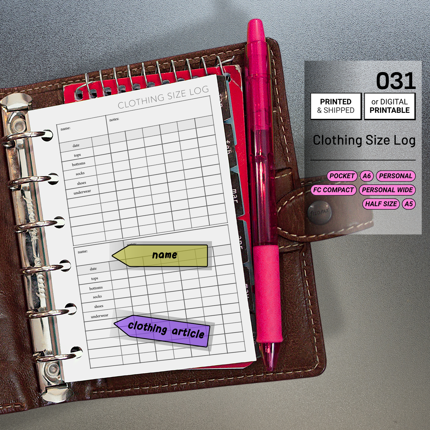 031: Clothing Size Log