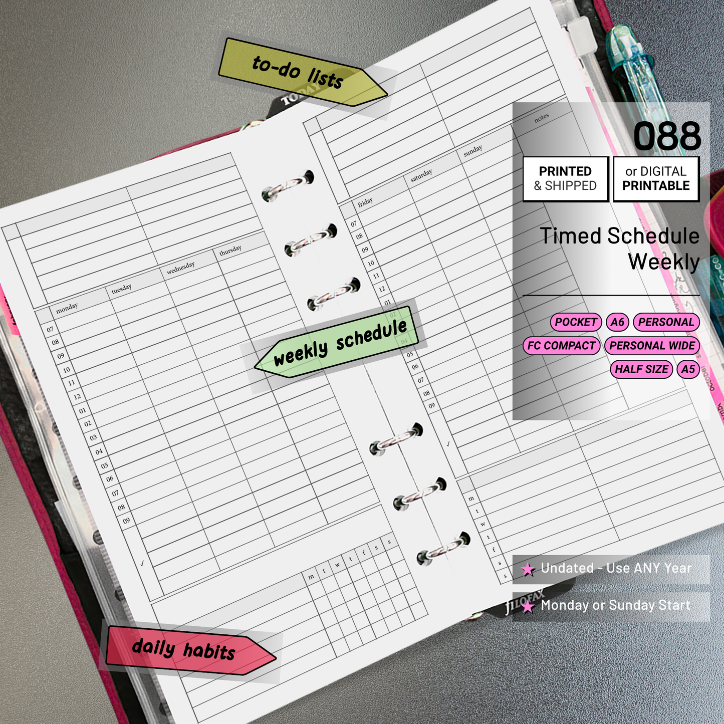 088: Weekly Timed Schedule w/ Categories & Tracker Wo2P