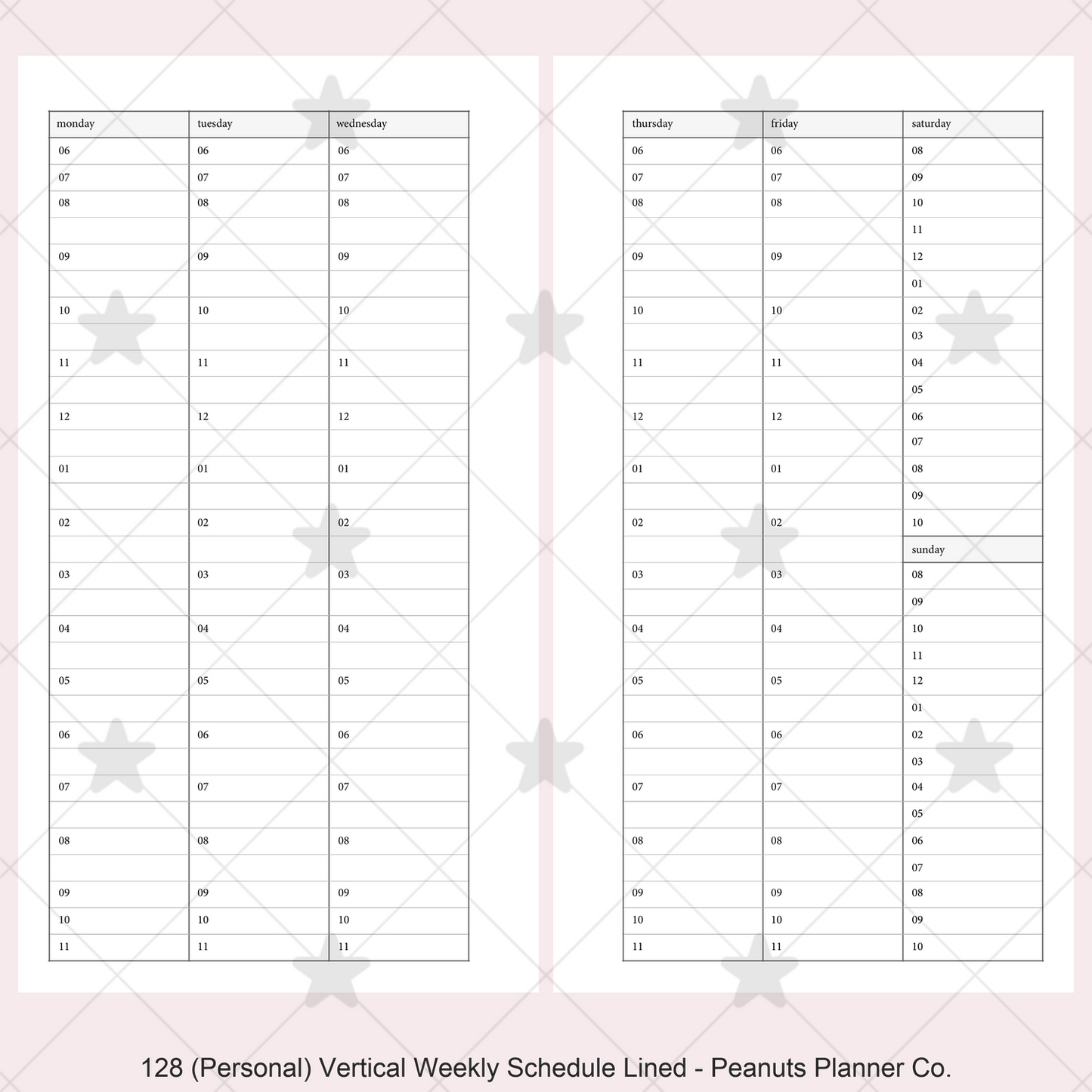 128: Vertical Weekly Timed Schedule Lined Columns Wo2P