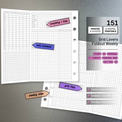 151: Grid Lovers Foldout Weekly w/ Time Blocking, Daily Habit Tracking, Wo1P, Tasks, Notes