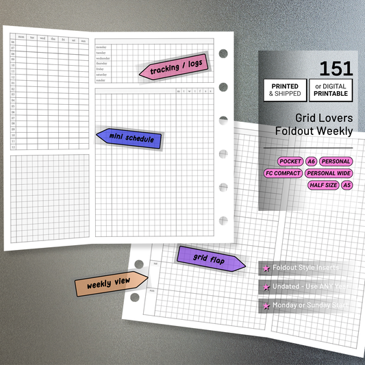 151: Grid Lovers Foldout Weekly w/ Time Blocking, Daily Habit Tracking, Wo1P, Tasks, Notes
